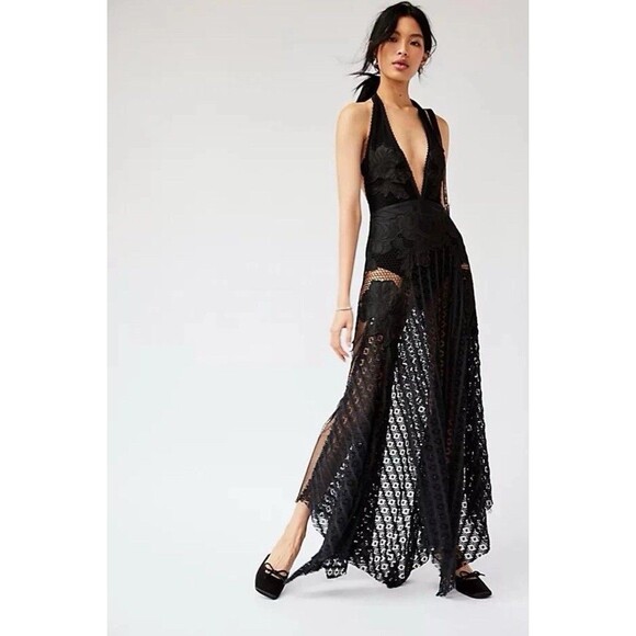 Free People Revolve Celeste Maxi Dress 12 Black Womens Halter Embroidered NWT - Picture 2 of 14